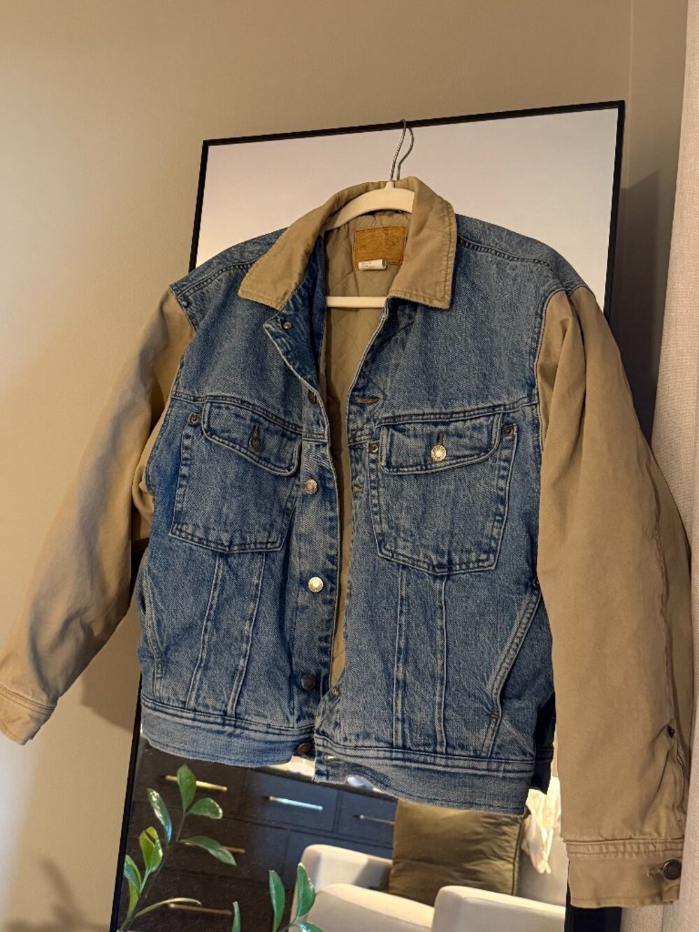 Vintage 90s Gap Denim Jacket Khaki Canvas Sleeves Quilted Lined Size S Trucker